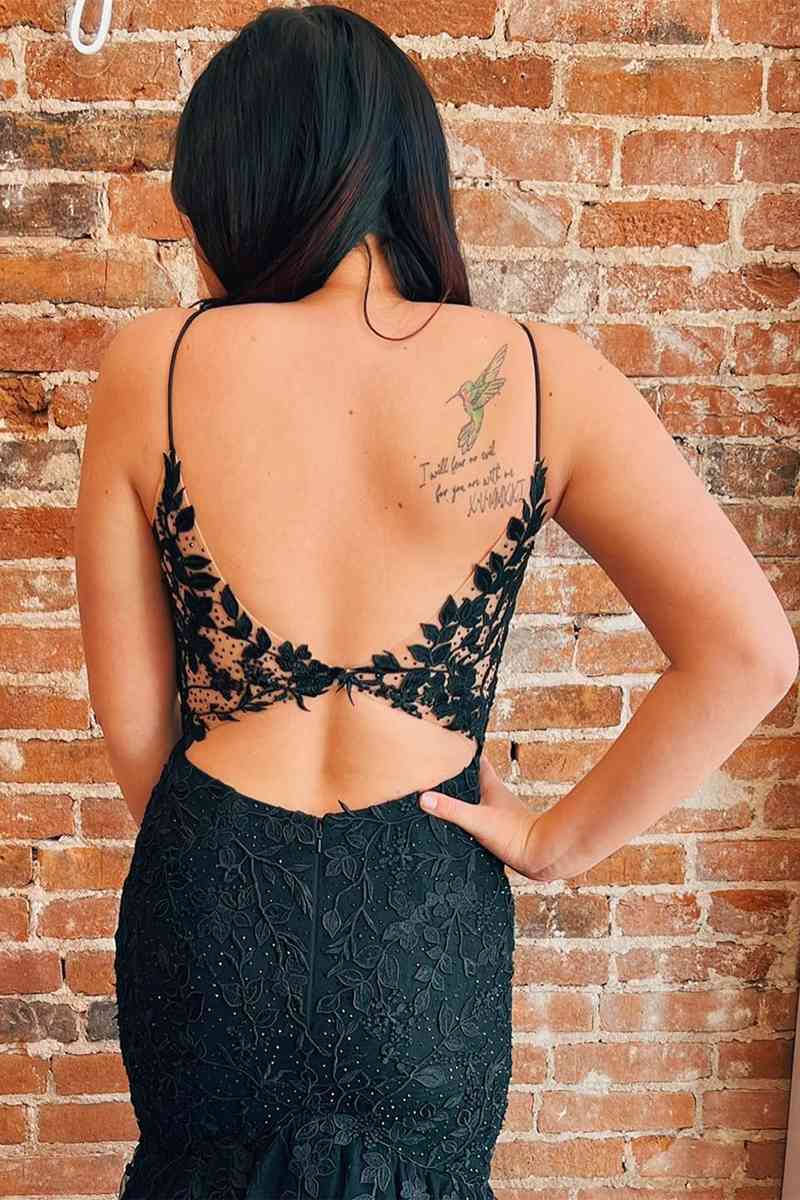 Plus size sexy black V-neck lace strap mermaid backless long ball dress