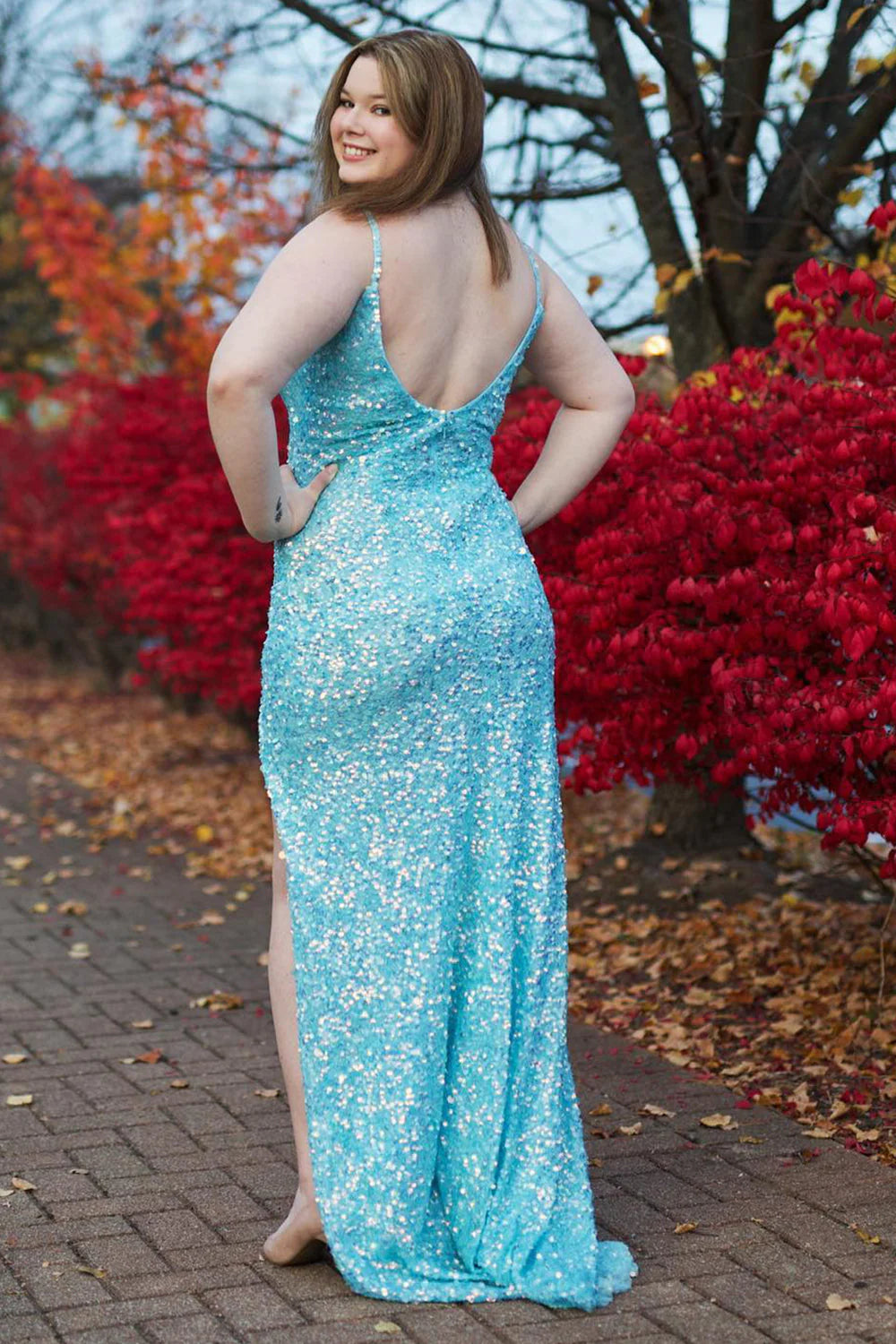 Large spaghetti strap with blue sequins long ball dress with slit