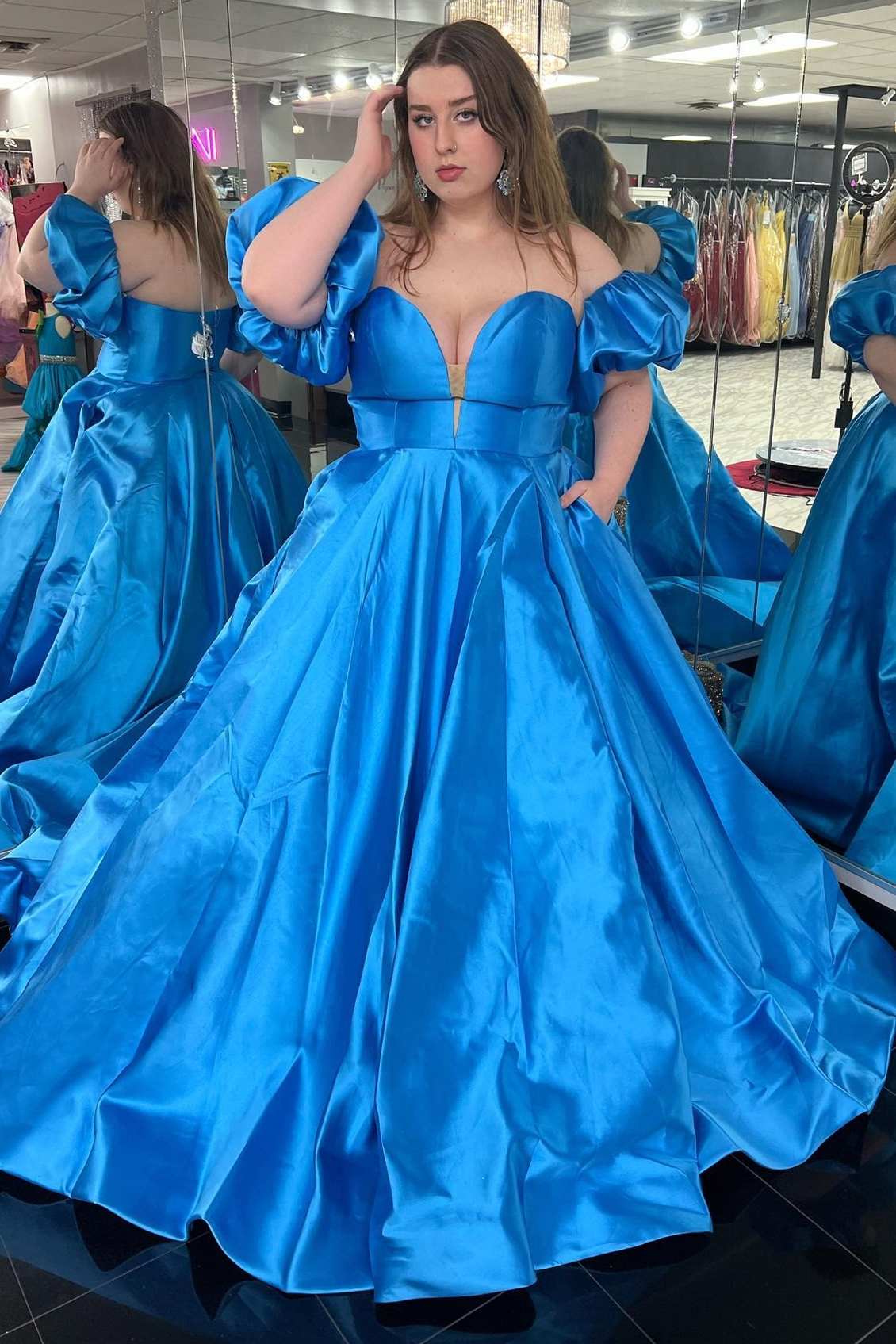 Minimalist blue satin fluffy sleeves without shoulder straps lace up floor dance dress with pockets