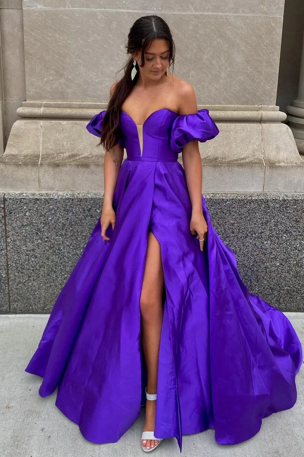 Minimalist blue satin fluffy sleeves without shoulder straps lace up floor dance dress with pockets