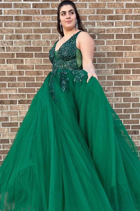 Large Elegant sheer A-line V-neck ball dress