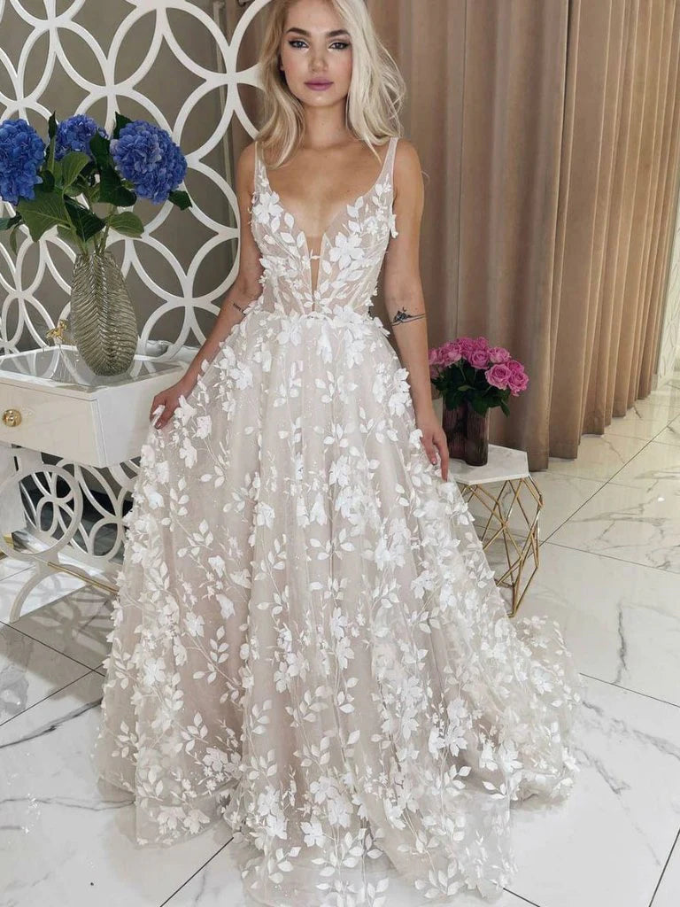 Beautiful Champagne Lace Backless V-neck Ball Dress Party Wedding Dress