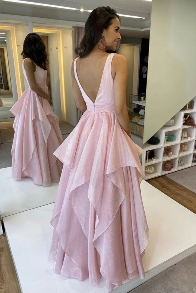 Beautiful pink V-neck backless A-line long ball dress