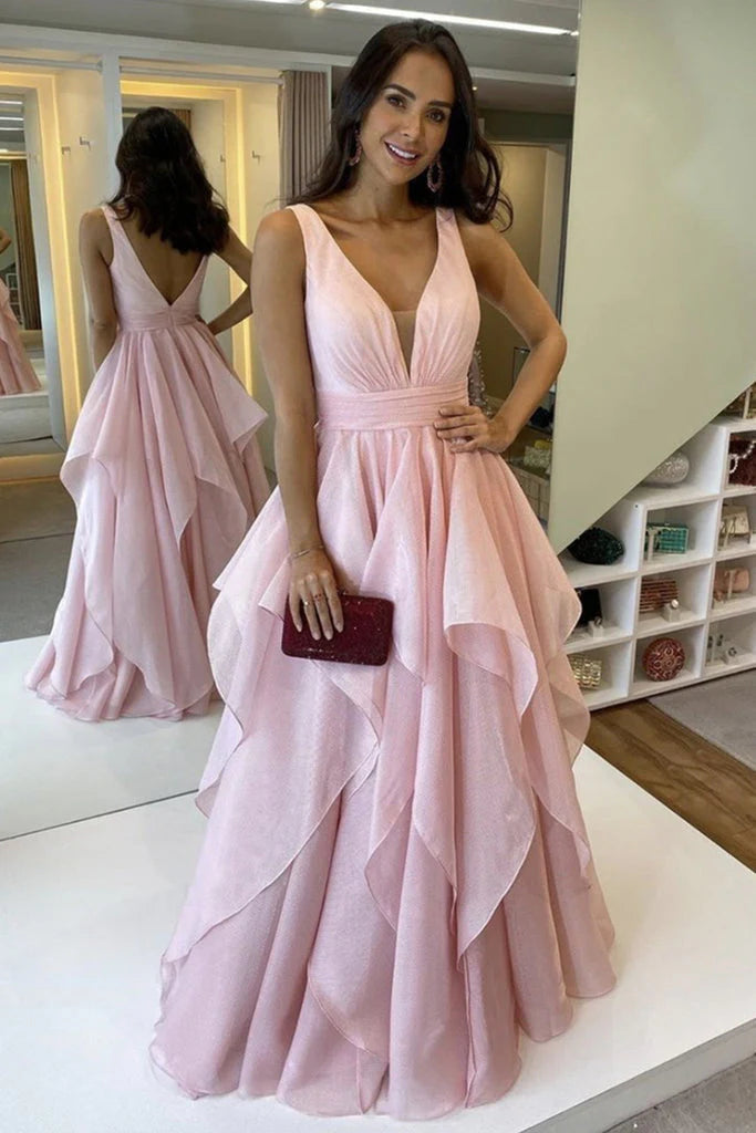 Beautiful pink V-neck backless A-line long ball dress