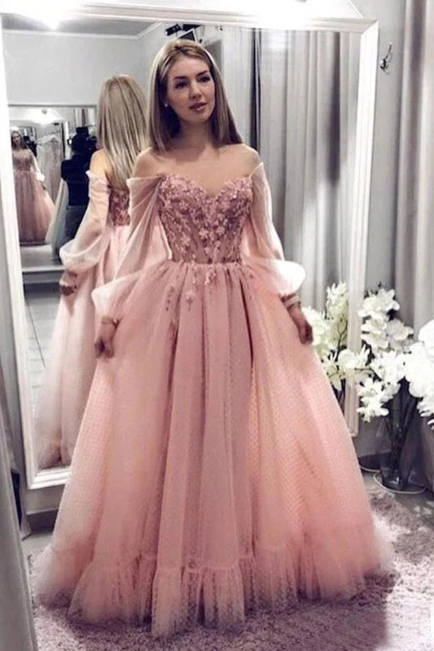 Elegant Pink Lace Off Shoulder Long sleeved Princess Ball Evening Dress