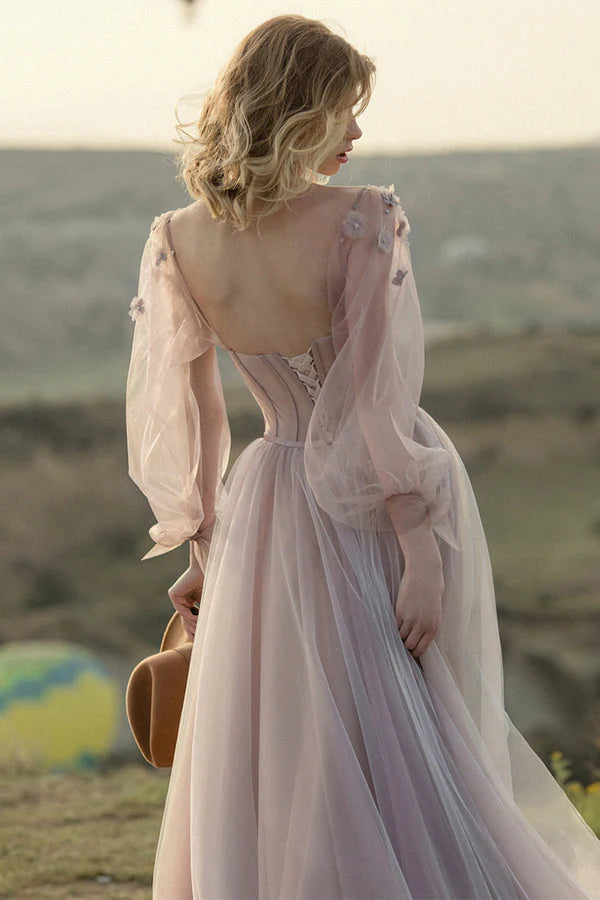 Elegant slim fit ball dress with sweet A-line chiffon and handmade floral ties