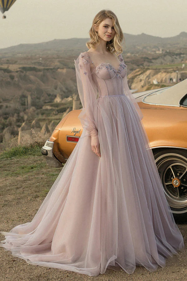 Elegant ball dress with sweet A-line chiffon paired with handmade floral ties