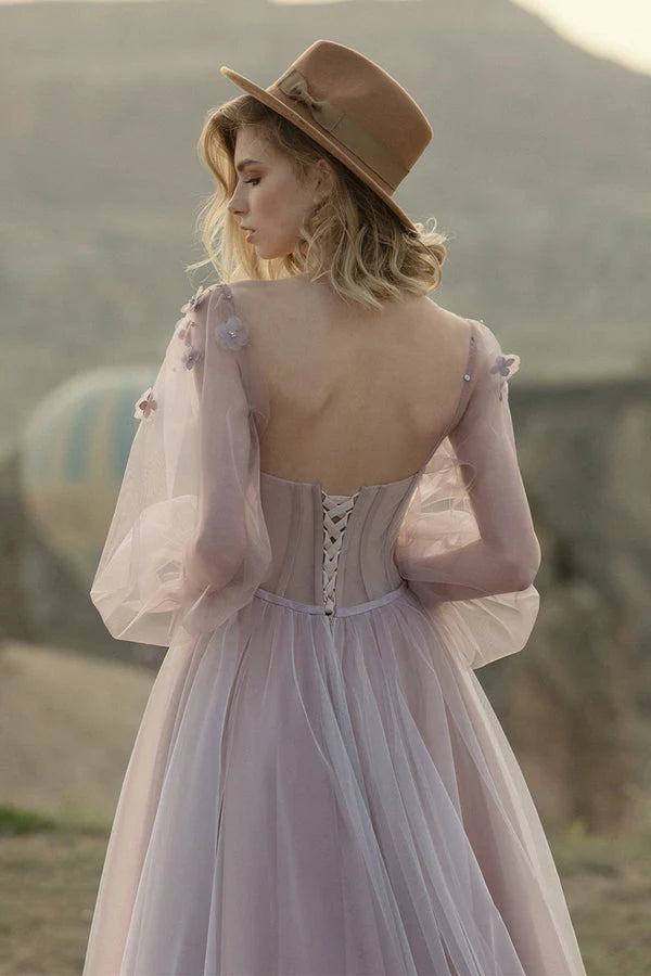 Elegant ball dress with sweet A-line chiffon paired with handmade floral ties