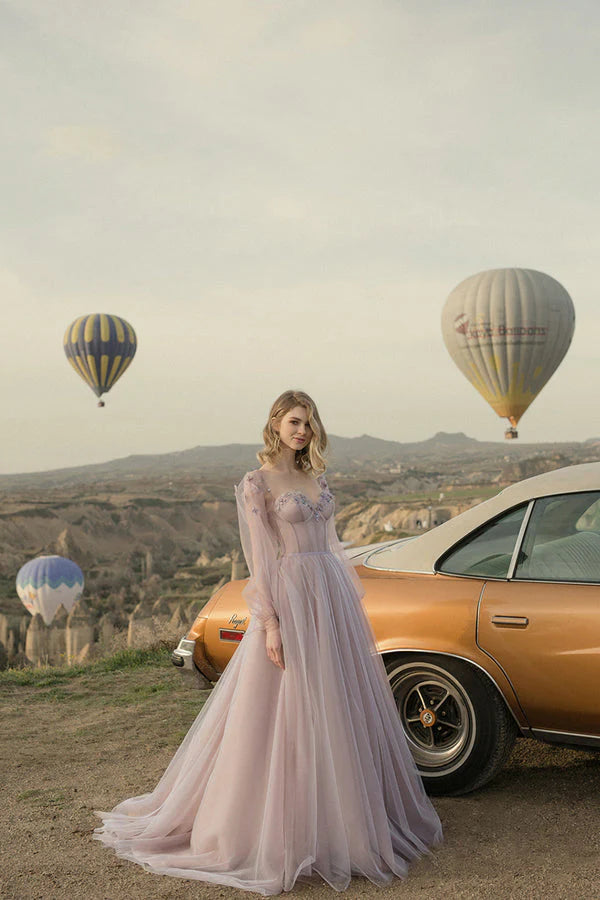 Elegant slim fit ball dress with sweet A-line chiffon and handmade floral ties