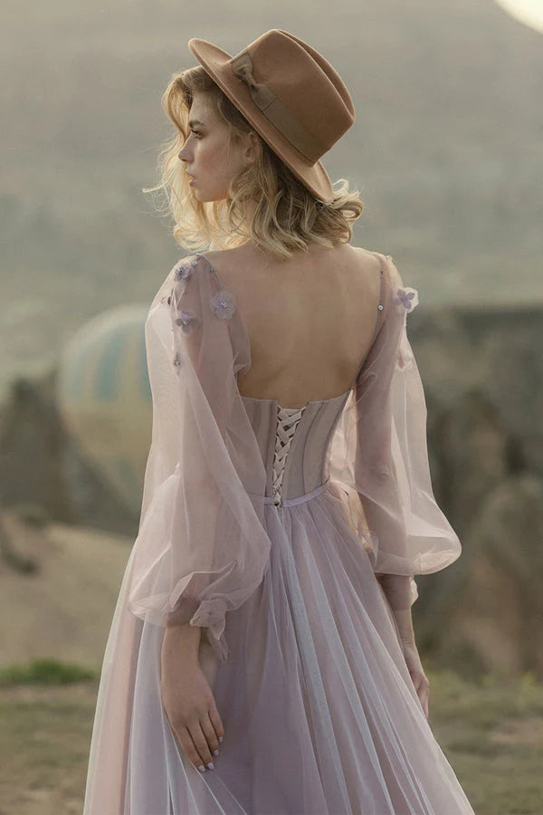 Elegant slim fit ball dress with sweet A-line chiffon and handmade floral ties
