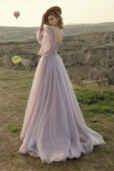 Elegant ball dress with sweet A-line chiffon paired with handmade floral ties