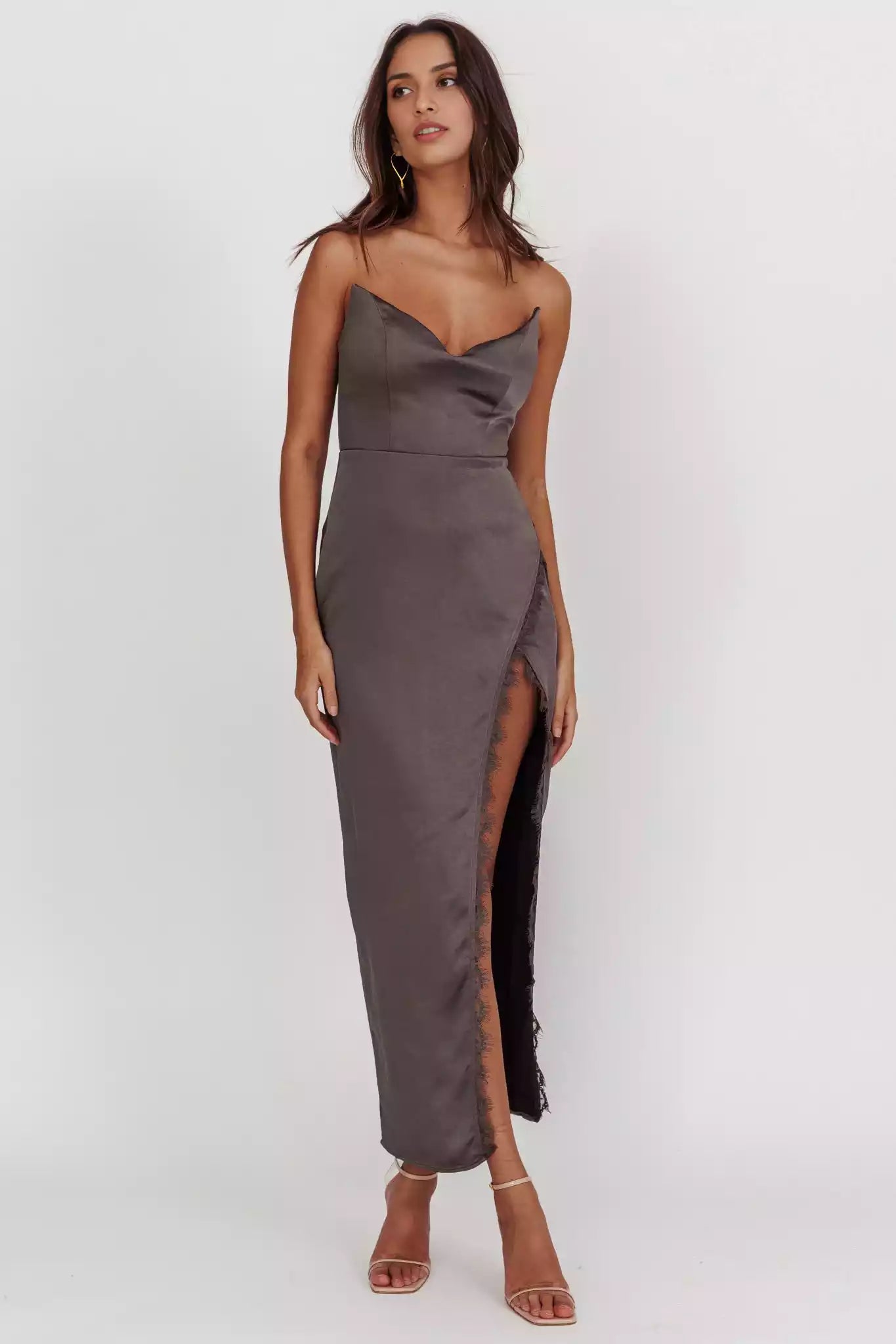 Prom Dresses with eye-catching satin off shoulder, extra long front leg slits, unlined back, invisible zipper