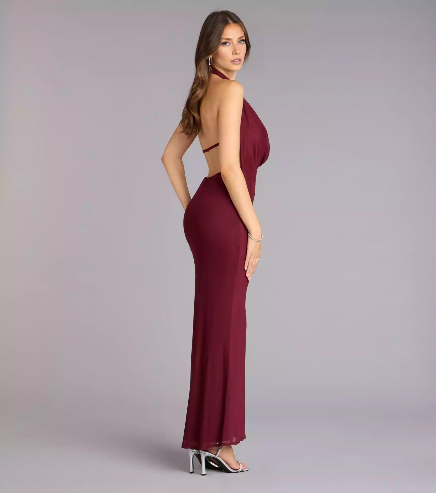 Prom Dresses with eye-catching stretch knit hanging collar, backless neckline, and backless straps