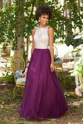 Sleeveless floor-length ball gown with purple chiffon round neck sequins