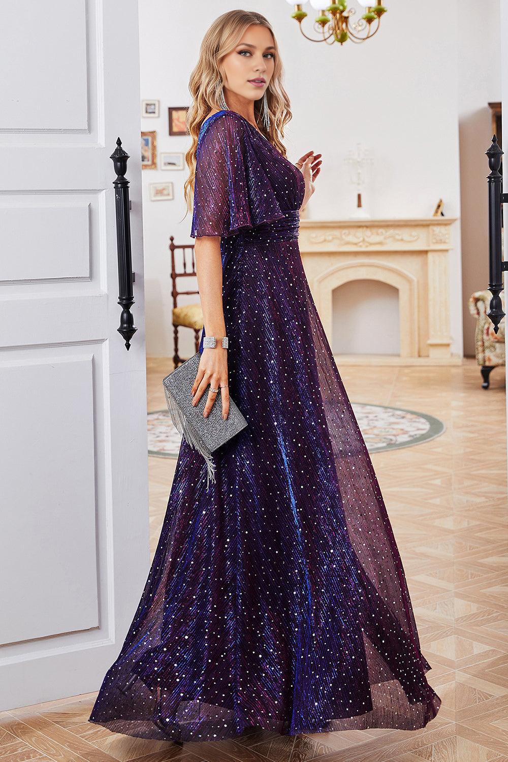 A Line V-Neck Purple Mother of the Bride Dress with Short Sleeves