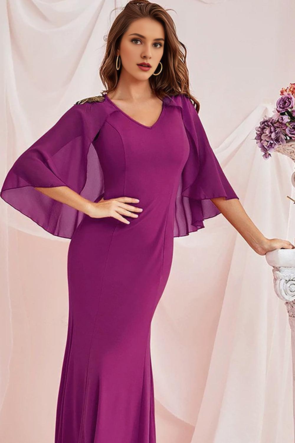 Mermaid V Neck Chiffon Floor Length Dress with Wrap Sleeves