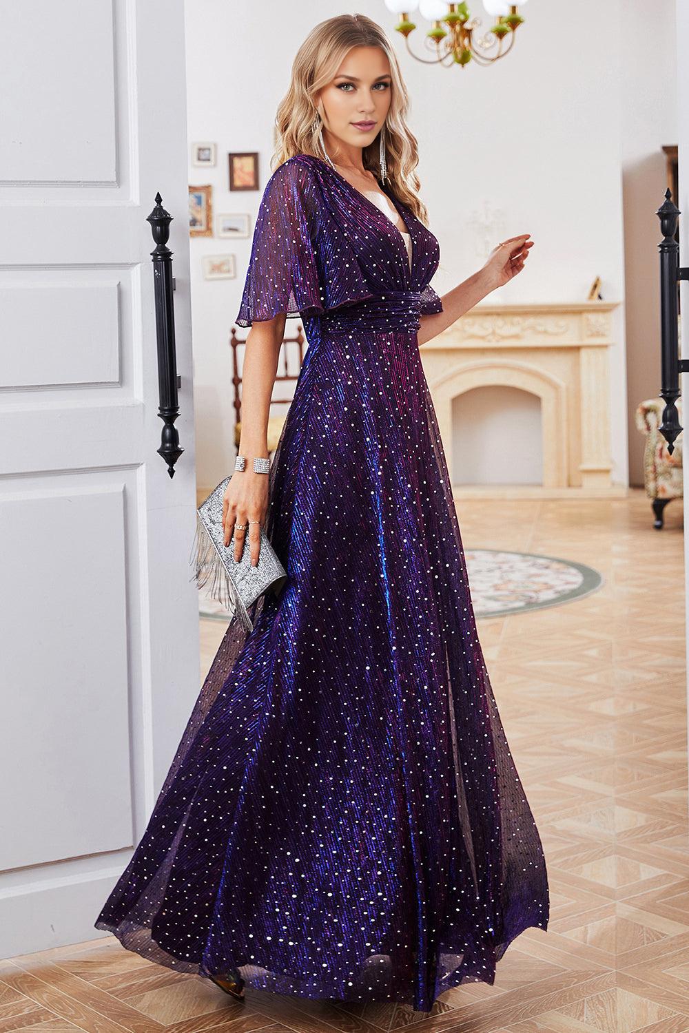 A Line V-Neck Purple Mother of the Bride Dress with Short Sleeves