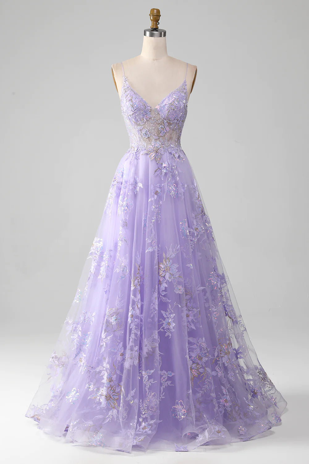 A Line Spaghetti Straps Long Tulle Prom Dress With Appliques