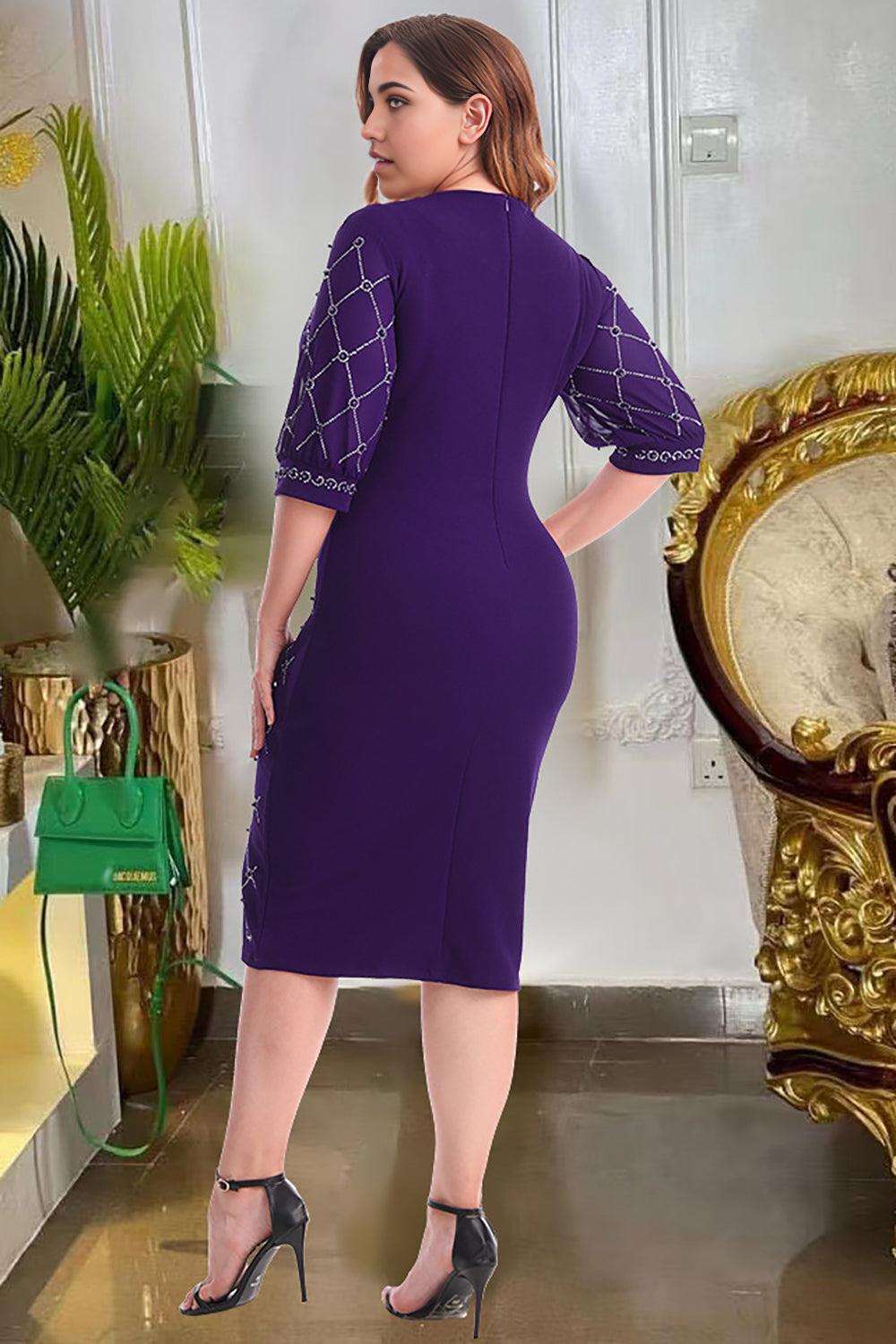 Sheath Round Neck Half Sleeves Plus Size Midi Dress with Beading