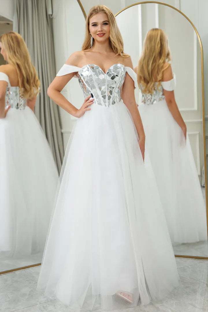 Elegant slim fitting white one shoulder long sheer ball dress
