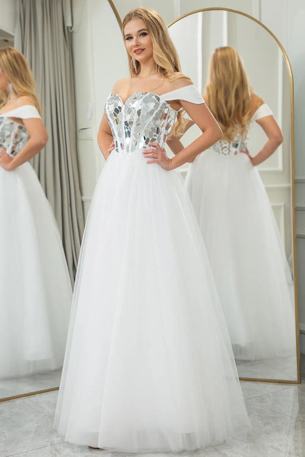 Elegant slim fitting white one shoulder long sheer ball dress