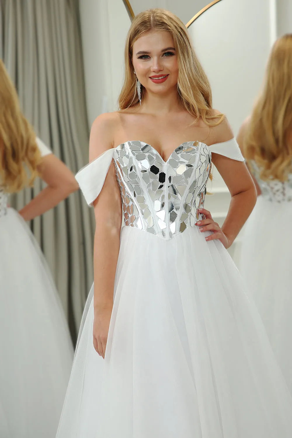 Elegant slim fitting white one shoulder long sheer ball dress