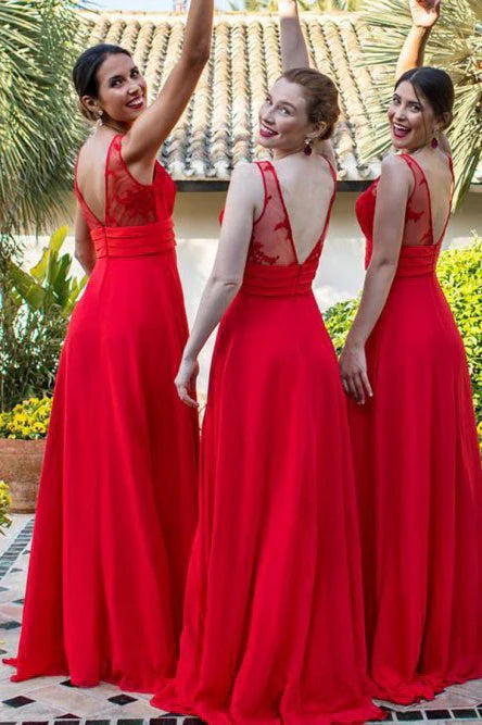 A-line Chiffon V-neck Open Back Lace Bridesmaid Dress