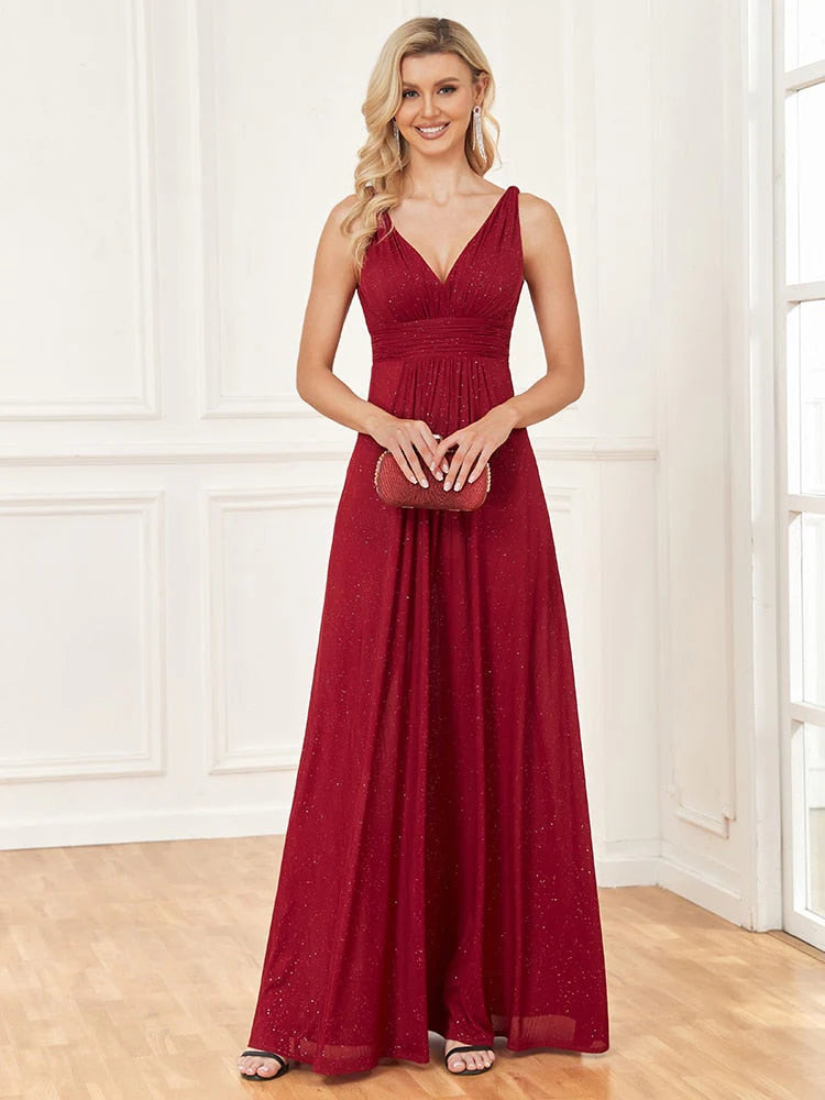 Red long V-neck sleeveless, simple and elegant formal ball dress