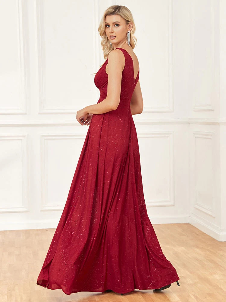 Red long V-neck sleeveless, simple and elegant formal ball dress