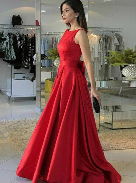Elegant red satin crew-neck open-back A-line ball gown