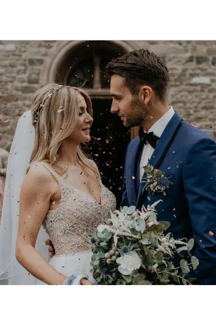 Diamond shoulder strap with full pearl embellishment neckline wedding dress paired with sequin sheer wedding dress
