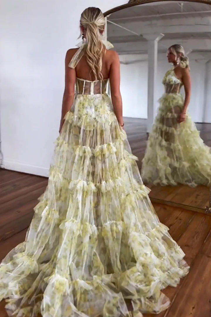 Romantic sexy sweet yellow A-line high necked sheer ball dress