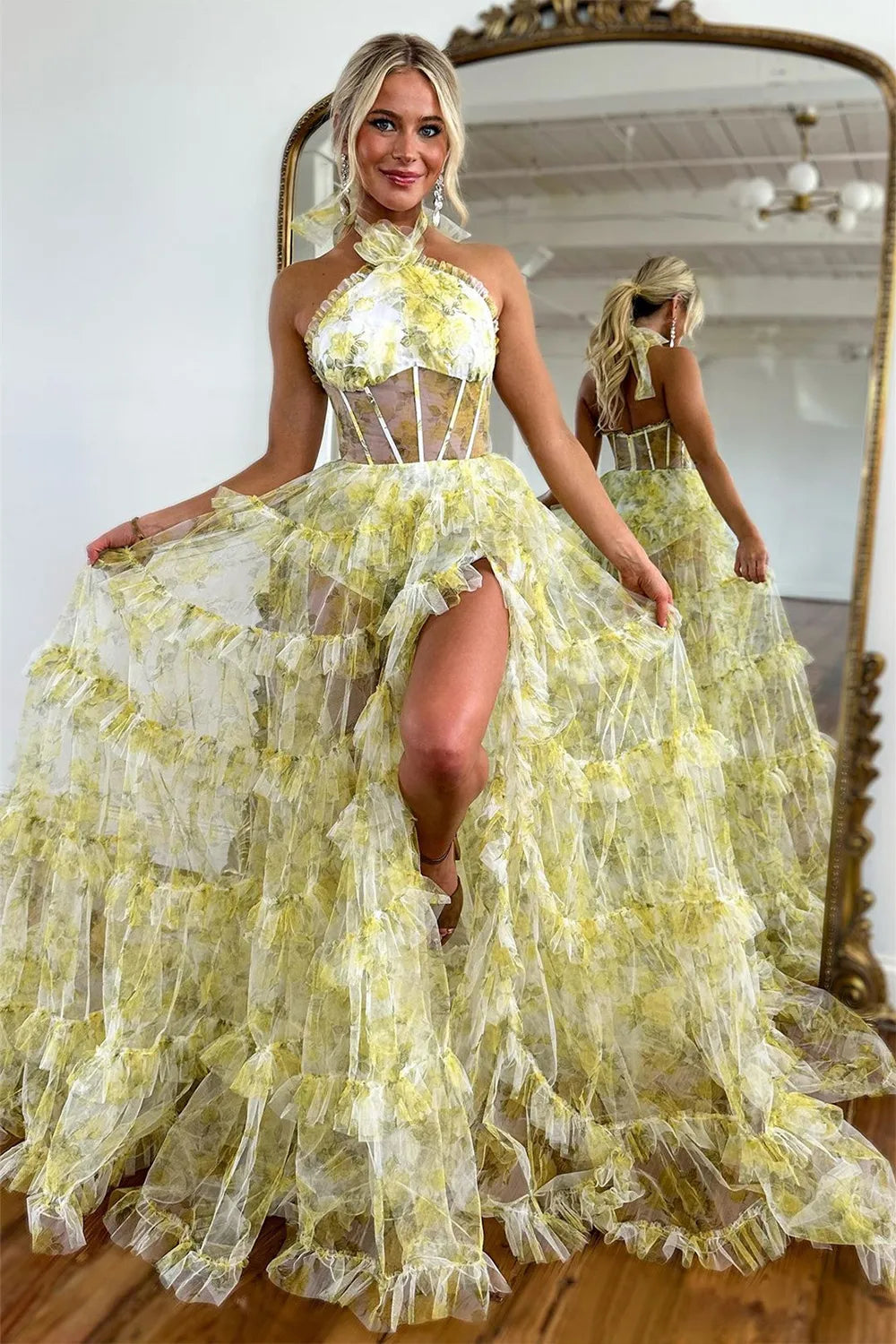 Romantic sexy sweet yellow A-line high necked sheer ball dress