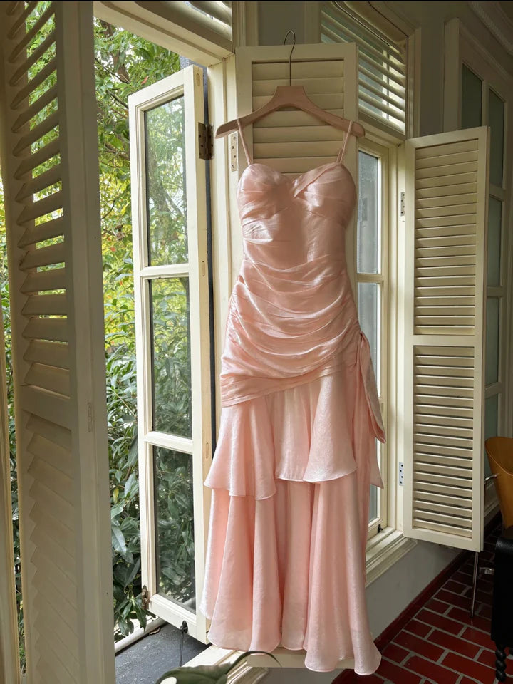 Romantic Blush Sweetheart Neck Spaghetti Strap Ruched Bodice Tiered Ruffle Mermaid Tea-Length Prom Dresses