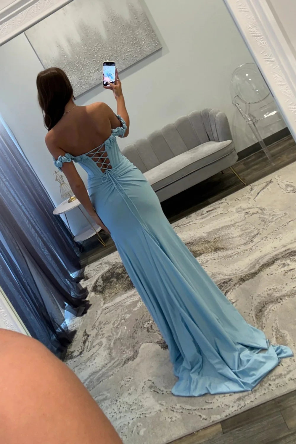 Romantic Off the Shoulder 3D Floral Applique Ruched Mermaid Prom Dress with Lace Up Back and High Slit