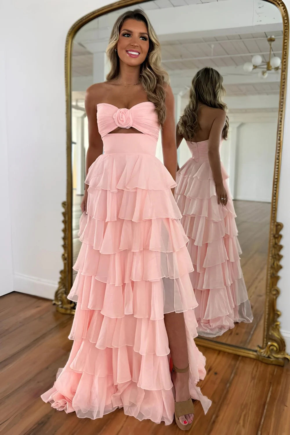 Romantic Strapless Floral Applique Tiered Ruffled Chiffon Prom Dress with Cutout and High Slit