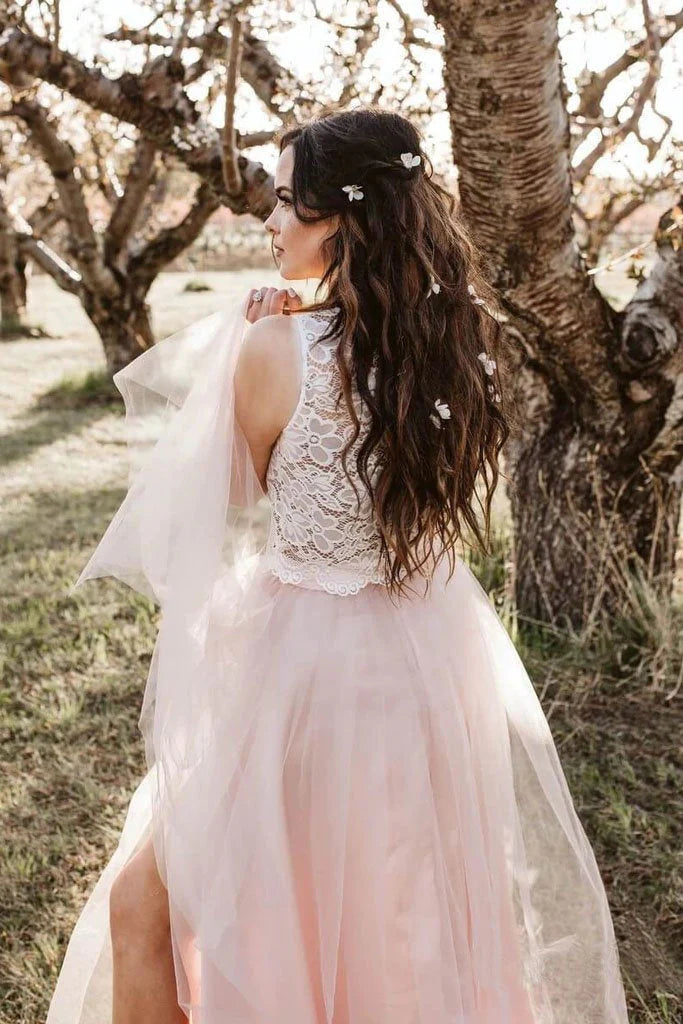 Round necked elegant sheer two-piece set of pink Bohemian ball dress