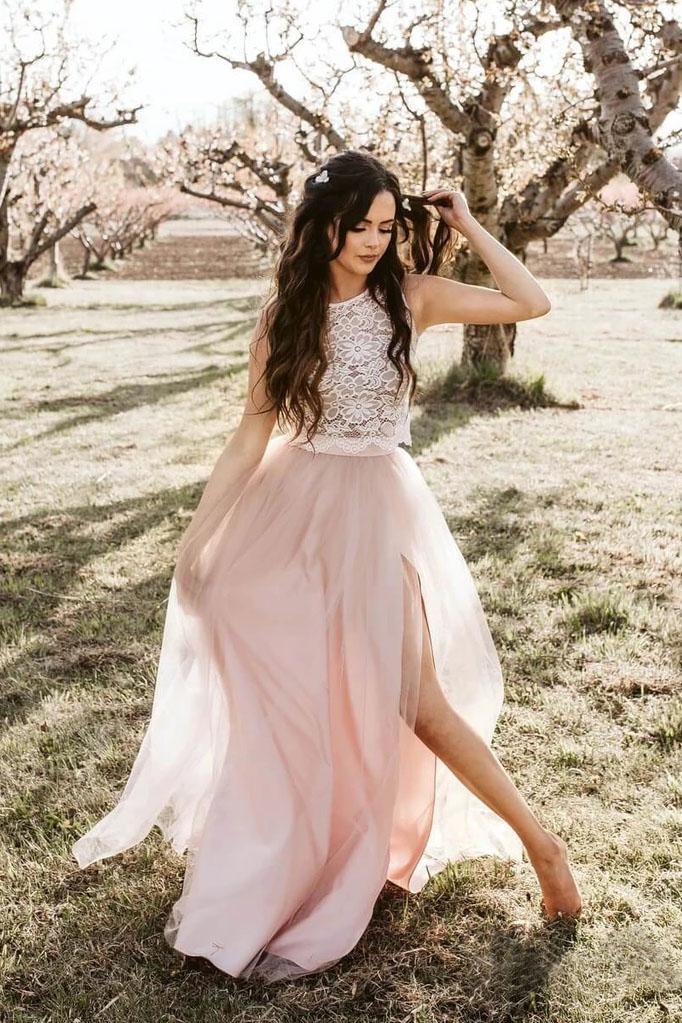 Round necked elegant sheer two-piece set of pink Bohemian ball dress