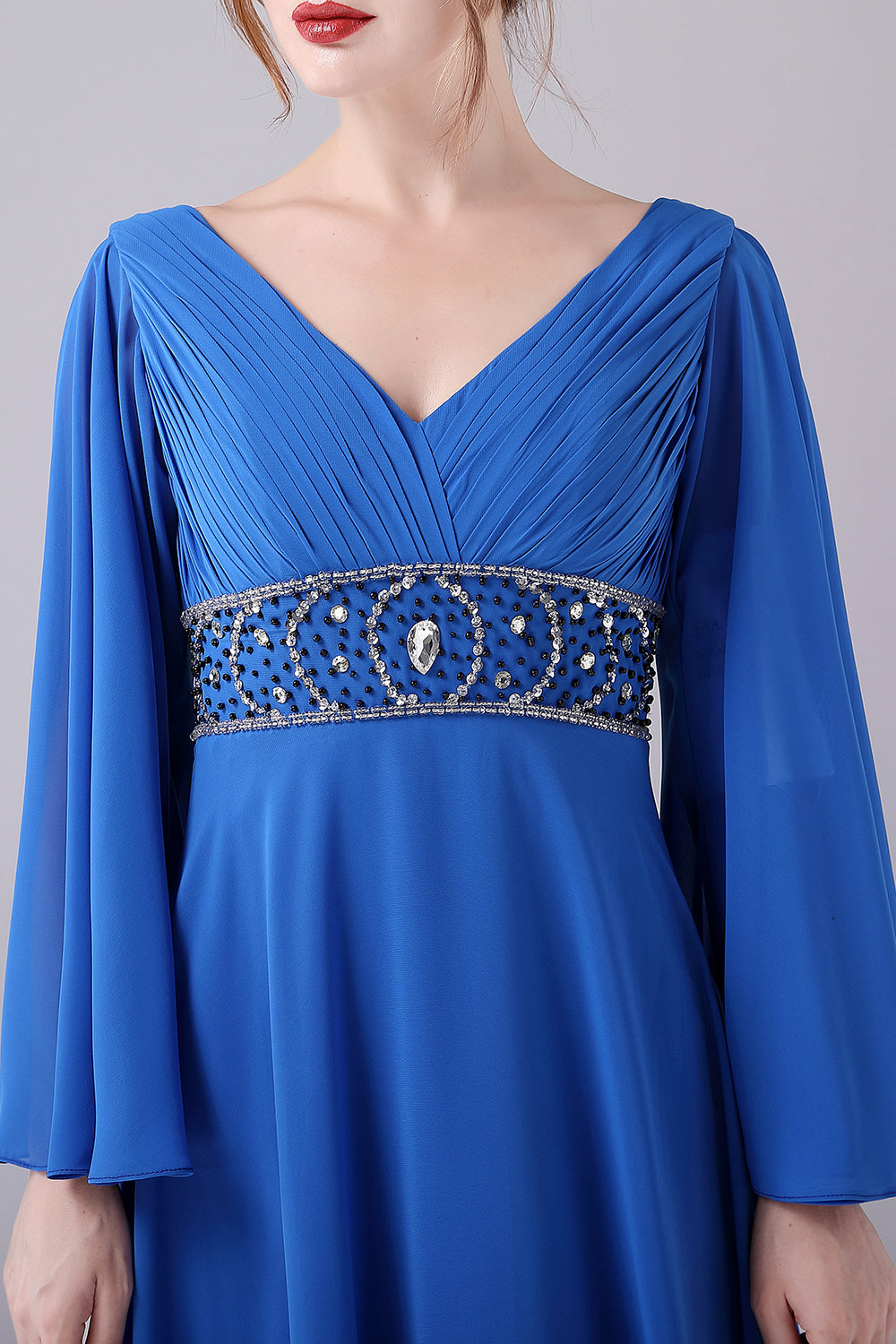 A-Line V-Neck Pleated Long Mother Of the Bride Dress With Beading