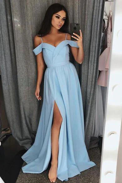 Blue satin sweetheart cold shoulder A-line slit long cocktail ball evening dress
