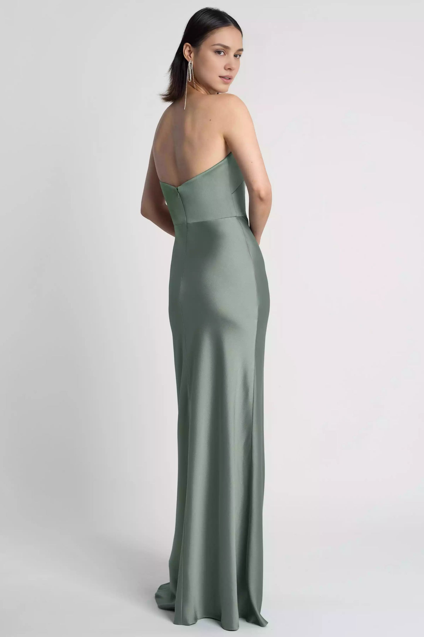 Satin off shoulder collar, tight diagonal cut skirt, strapless tight corset, back zipper, Bridesmaid Dresses