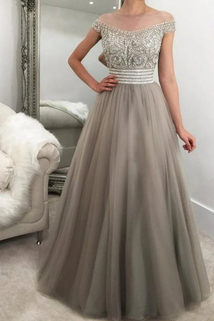 A-line ball dress with beaded sheer tight fitting dress