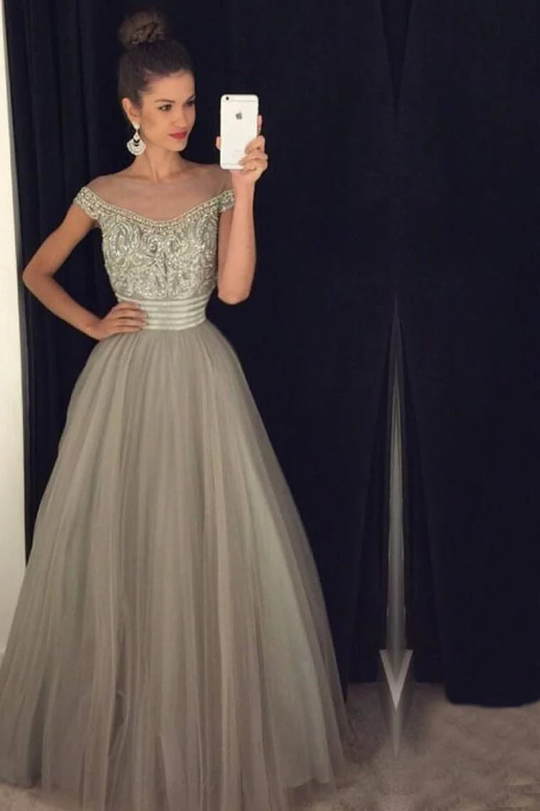 A-line ball dress with beaded sheer tight fitting dress