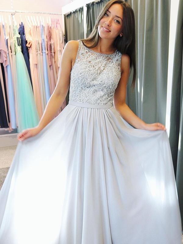 Sexy cutout bead long open-back chiffon A-line sleeveless dress