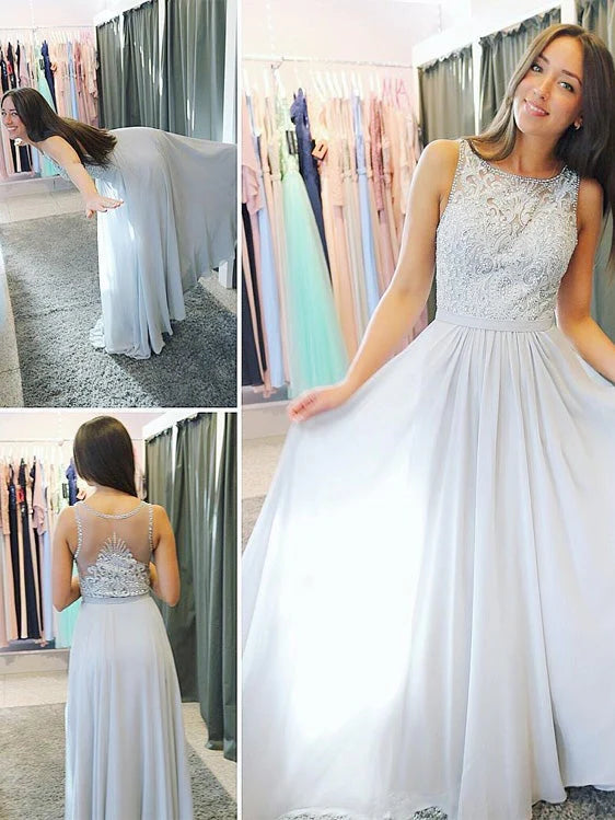 Sexy cutout bead long open-back chiffon A-line sleeveless dress
