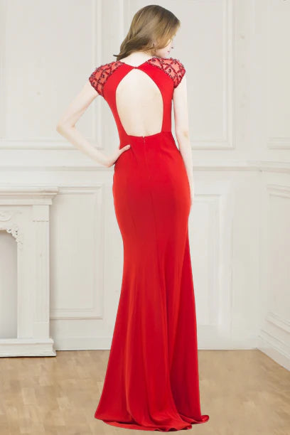 Elegant Hollow out Evening Dress Mermaid Beaded Sweeping Skirt