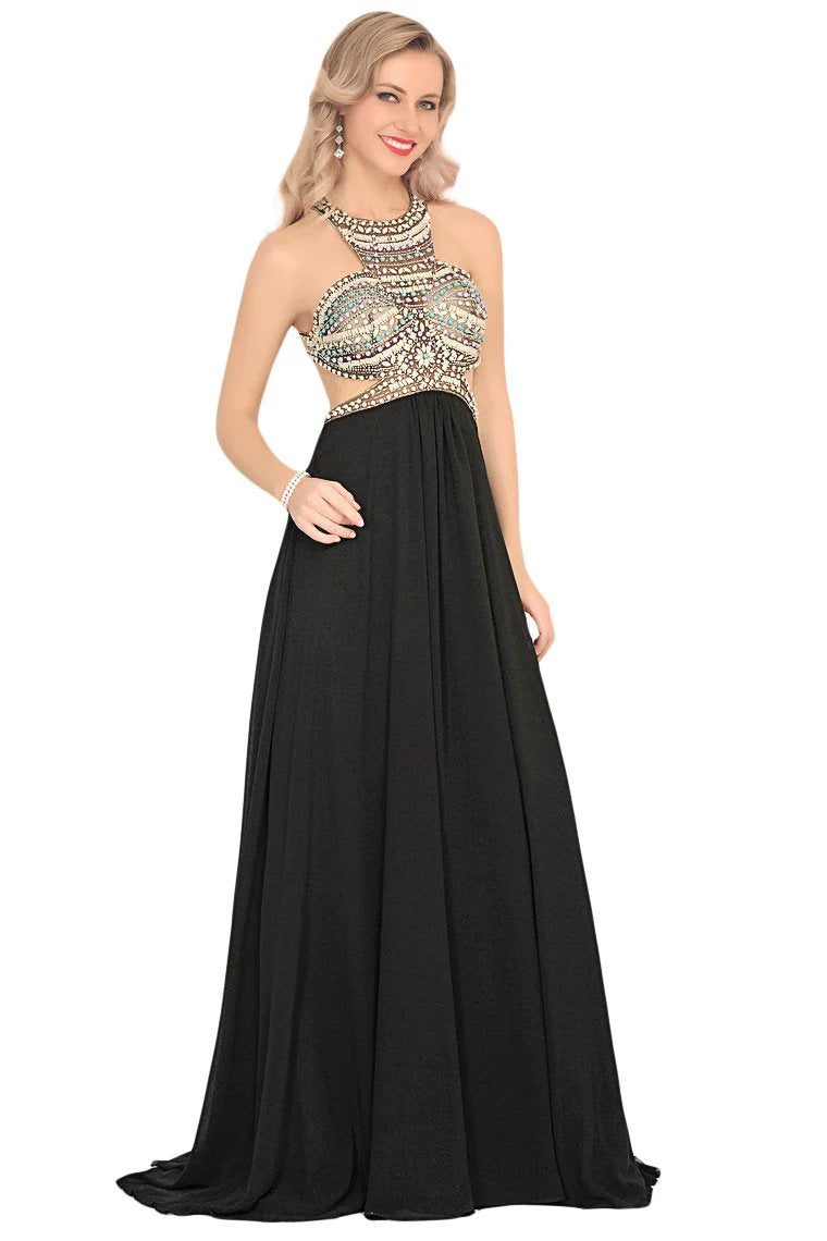 Elegant and high-end black formal dress with spoon A-shaped backless chiffon and beaded decoration