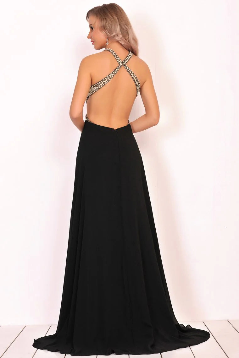 Elegant and high-end black formal dress with spoon A-shaped backless chiffon and beaded decoration