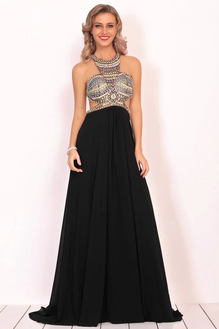Elegant and high-end black formal dress with spoon A-shaped backless chiffon and beaded decoration