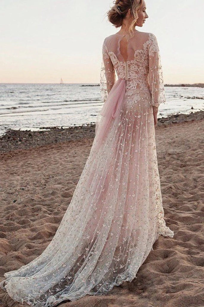 Hollow Elegant Long sleeved Lace Applique Straight Ball Evening Dress